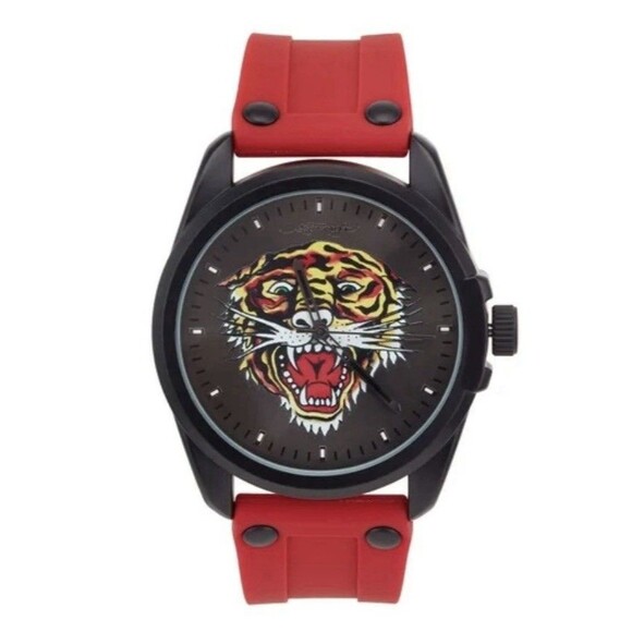 Mens Ed Hardy Matte Red Silicone Strap Watch 46mm Tiger, Black - Picture 1 of 4